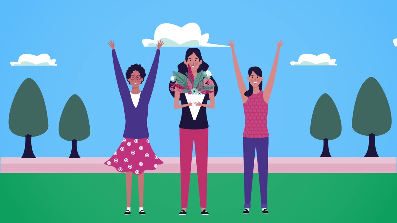 캠프에서 축하하는 소녀들과 함께 행복한 여성의 날 카드