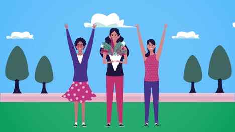 feliz tarjeta del día de la mujer con niñas celebrando en el campamento