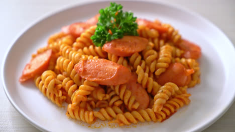 spiral or spirali pasta with tomato sauce and sausage - italian food style