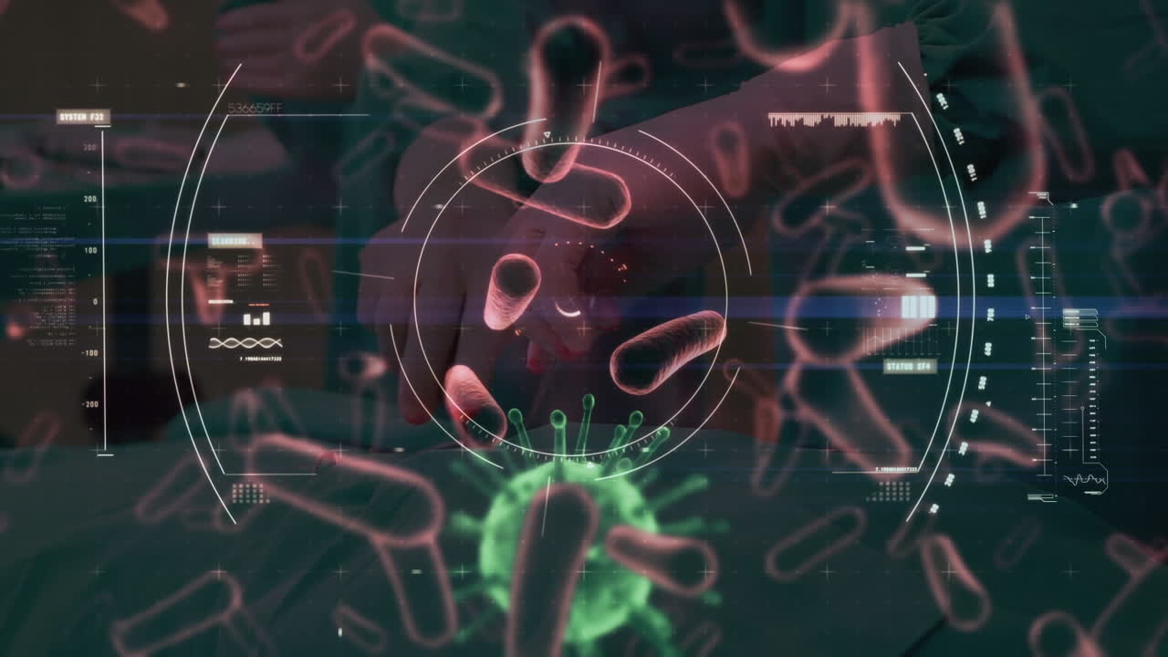 animación de las células de covid-19 flotando sobre el escáner de alcance y el cirujano