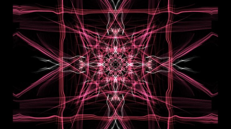 Red square composed fractal patterns on black background, mysterious ornament with tunnel effect, vj video