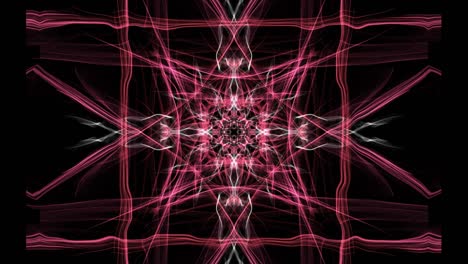 cuadrado rojo compuesto de patrones fractales en fondo negro, ornamento misterioso con efecto túnel, vídeo vj