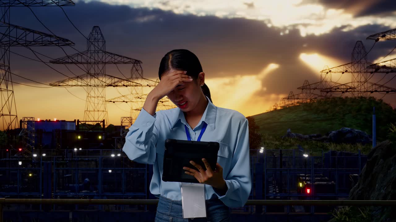trabalhadora profissional asiática de pé com seu tablet perto de torre de alta tensão, instalação industrial, ela está balançando a cabeça com desapontado
