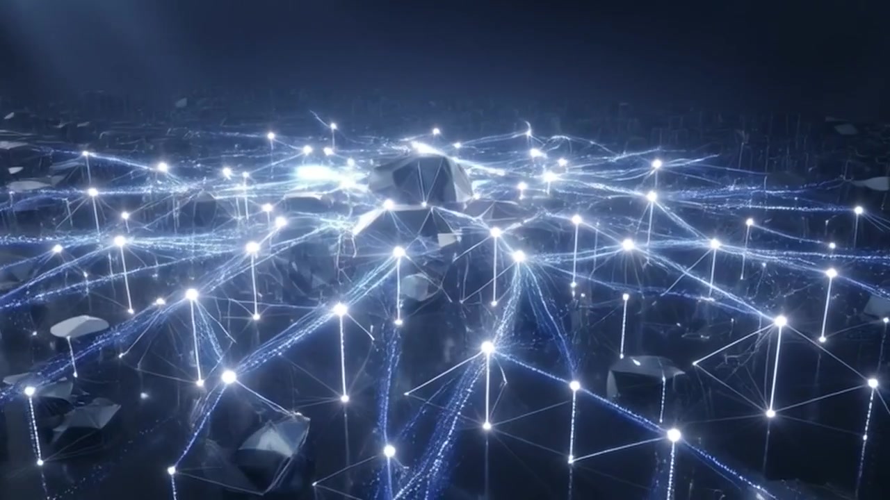 Abstract Digital Network Connection with Glowing Nodes and Geometric Shapes
