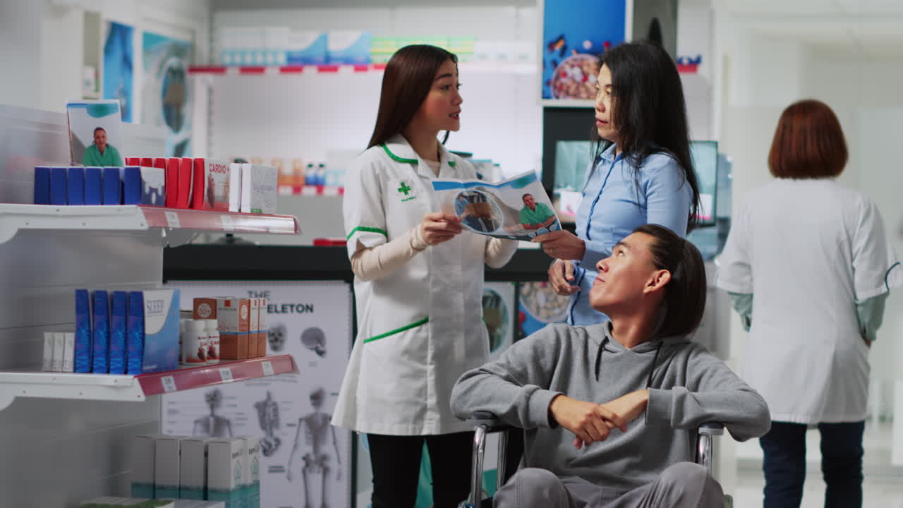 Pharmacist assisting customers in pharmacy