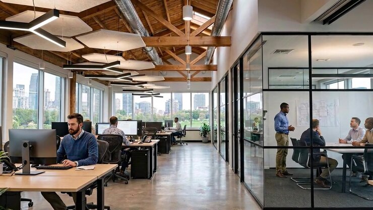 Profesionales trabajando en escritorios en un espacio de oficina moderno y abierto