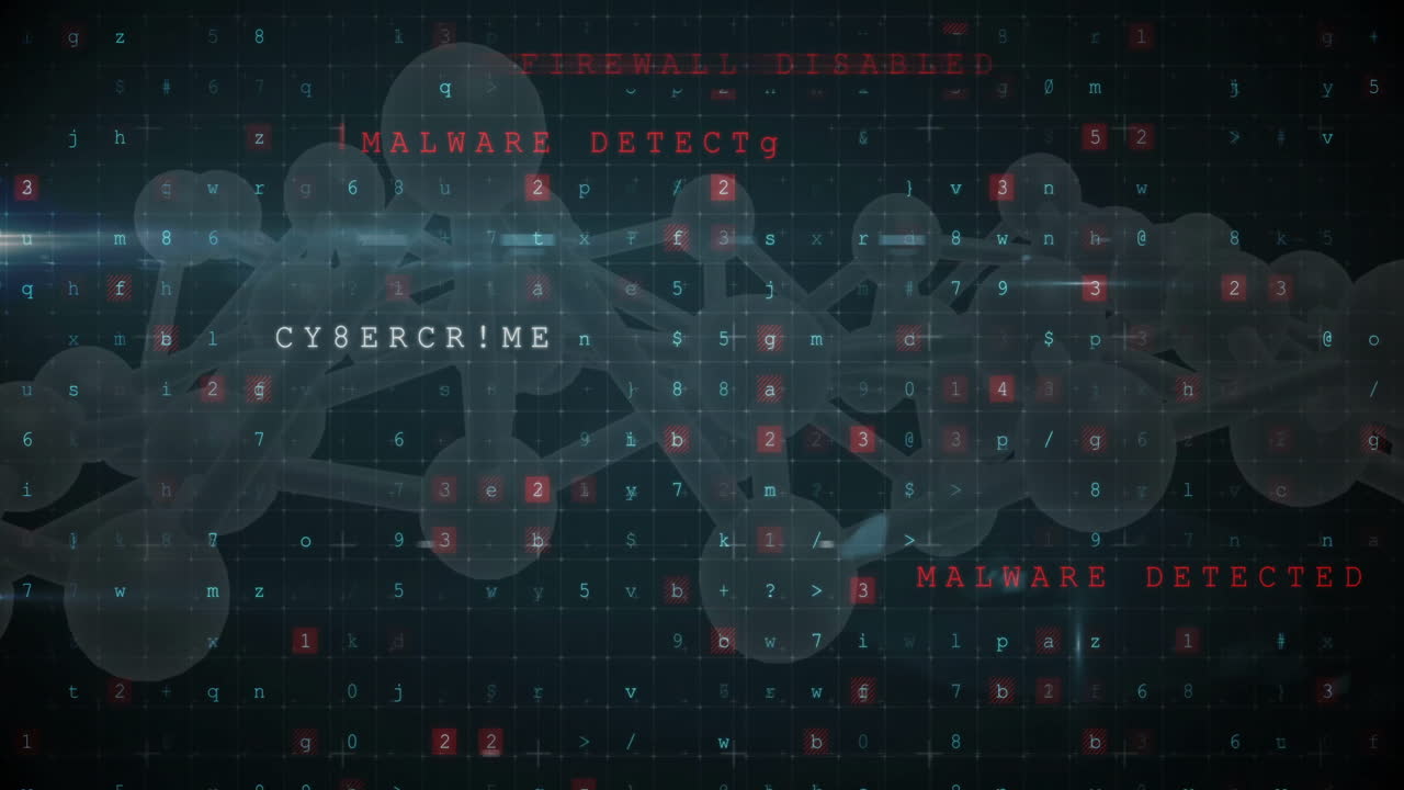 Firewall disabled text animation over digital security network with numbers and letters