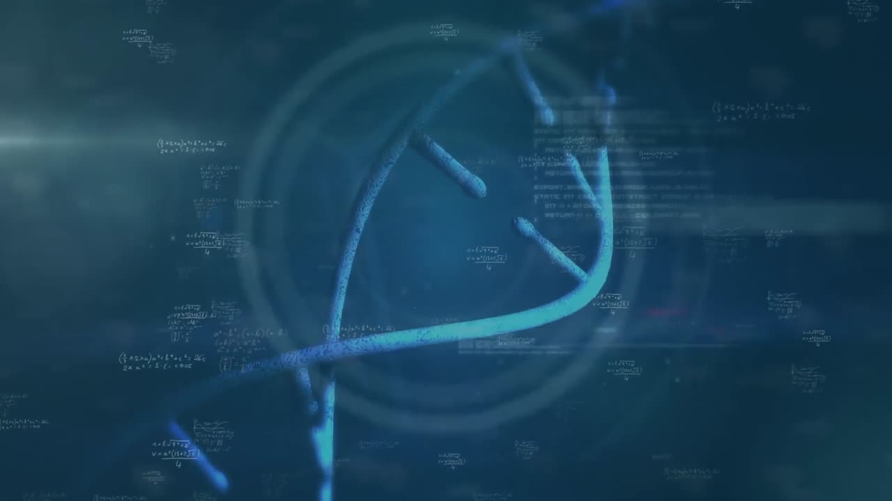 animación de texto de evidencia y hélice de adn moviéndose sobre ecuaciones matemáticas