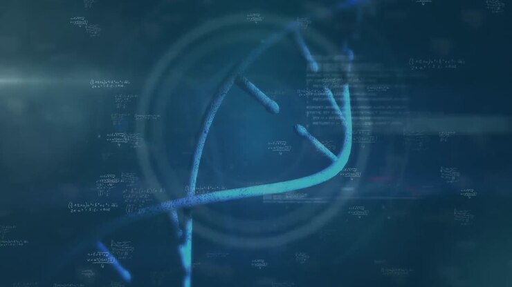 Animation of evidence text and dna helix moving over mathematical equations