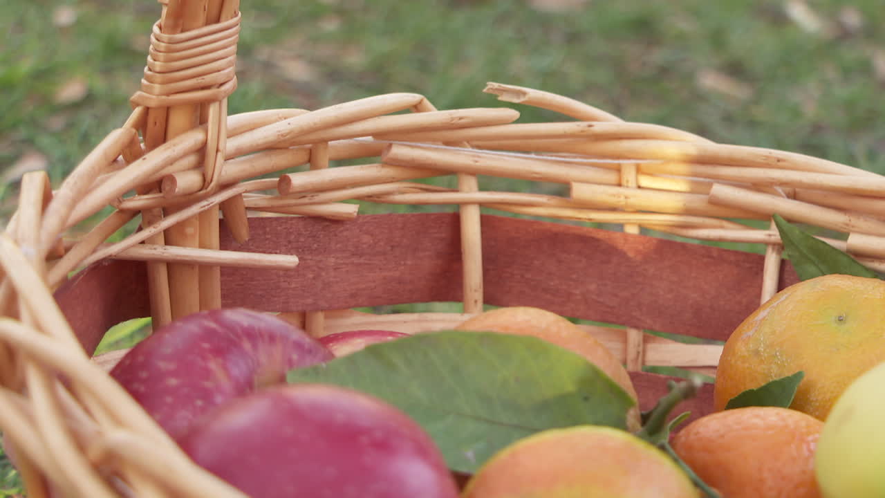 Hand picking fruits from a wicker basket