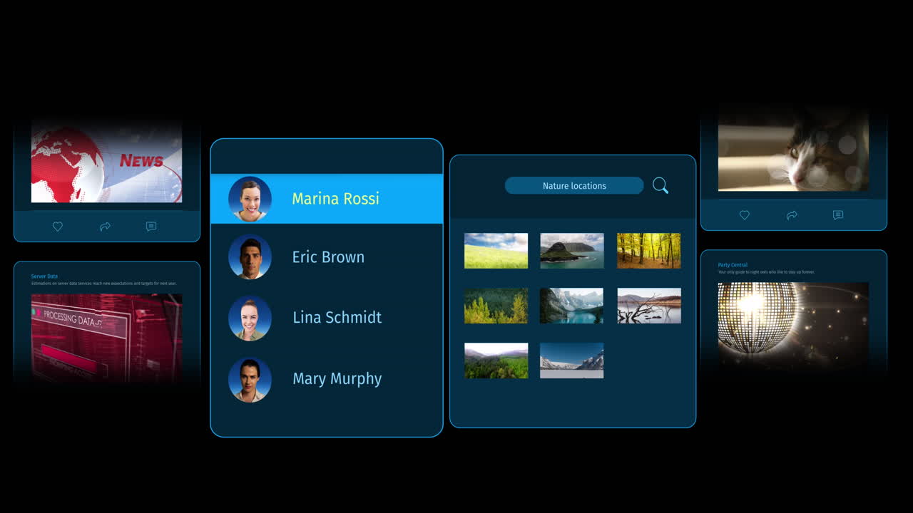 animación de la interfaz con las publicaciones de las redes sociales y los perfiles de las personas en fondo negro