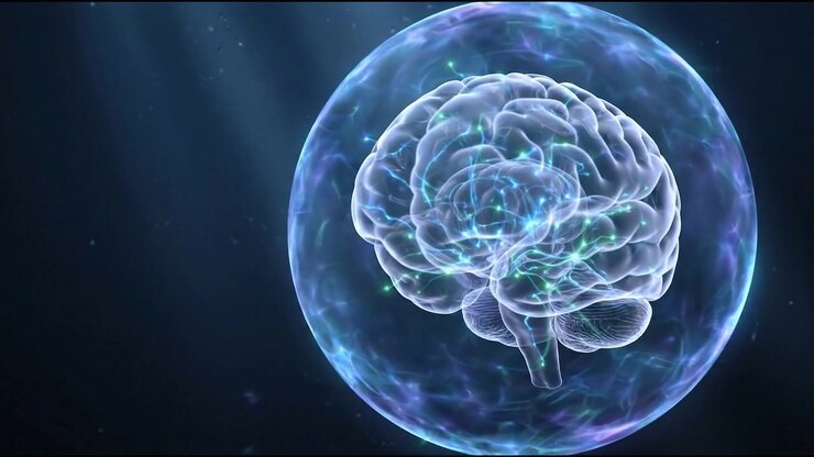 Cervello umano all'interno di una sfera di energia luminosa