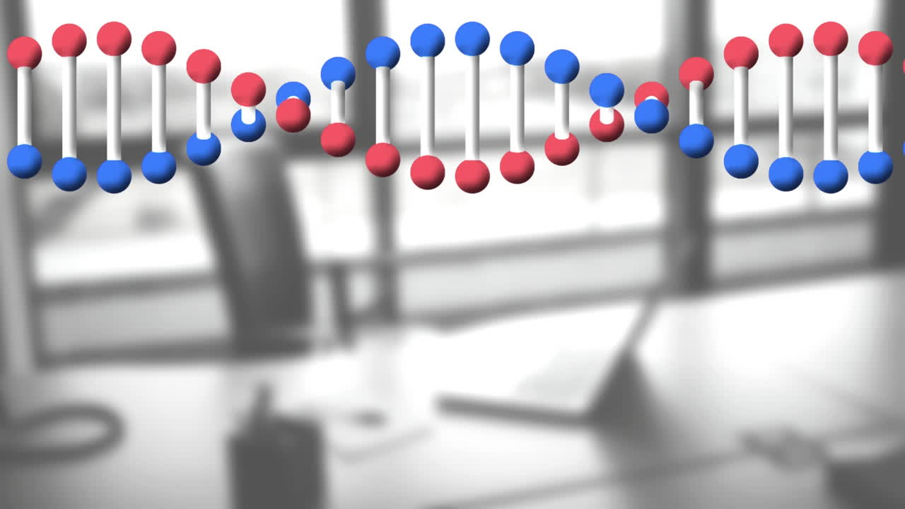 책상 위의 노트북 위에서 회전하는 dna 가닥의 애니메이션