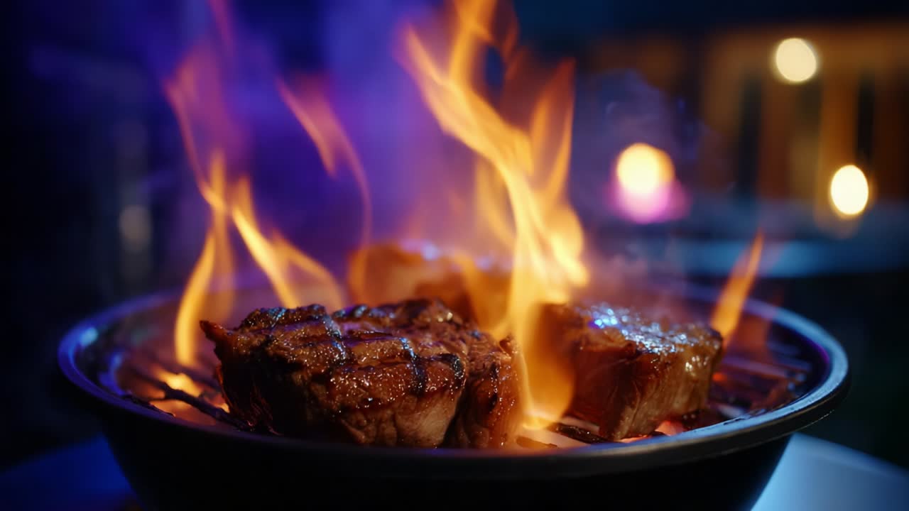 Sizzling Flames and Juicy Steaks Over Charcoal Grill: A Captivating Culinary Experience of Perfectly Cooked Meat and Crackling Heat Under Ambient Lighting
