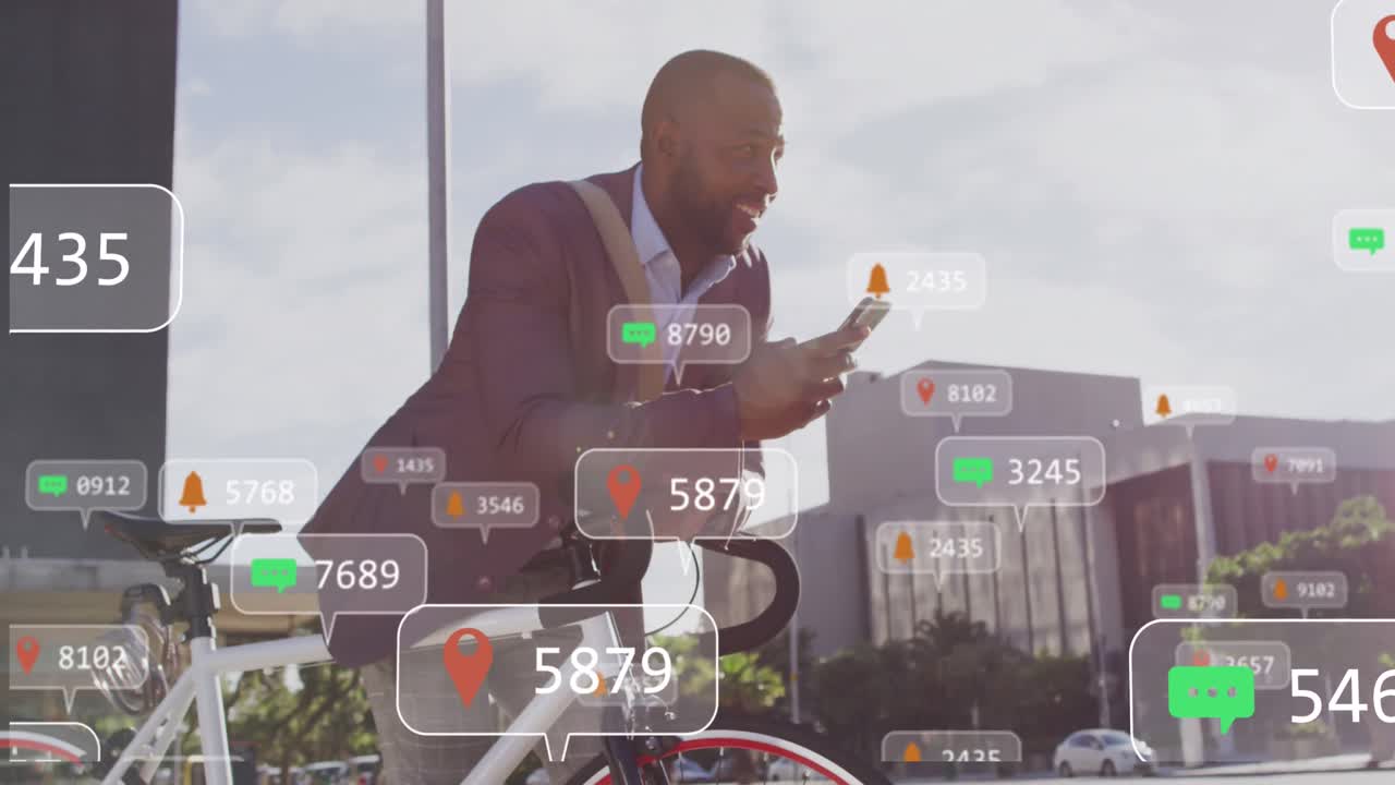 animazione di icone dei social media su un uomo d'affari afroamericano che usa uno smartphone per strada