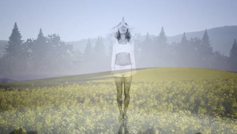 초원과 숲 위에서 요가를 연습하는 여성 위에 반이는 빛의 애니메이션