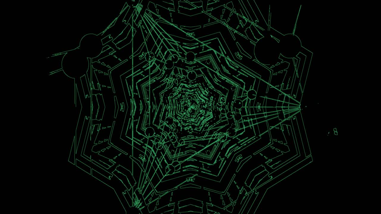 This visual features a neon tunnel with intricate patterns moving in a continuous loop. The design includes bright green lines forming a geometric structure