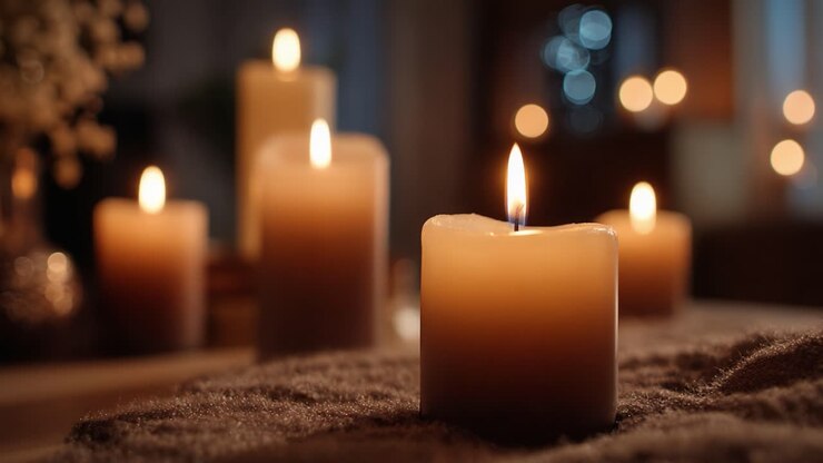 Una serata tranquilla circondata da candele tremolanti: un'esperienza meditativa con illuminazione soffusa e atmosfera calda per il relax e la contemplazione