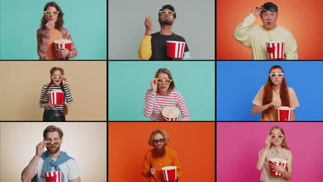 collage of happy excited people men women in 3d glasses eating popcorn watching tv game cinema film