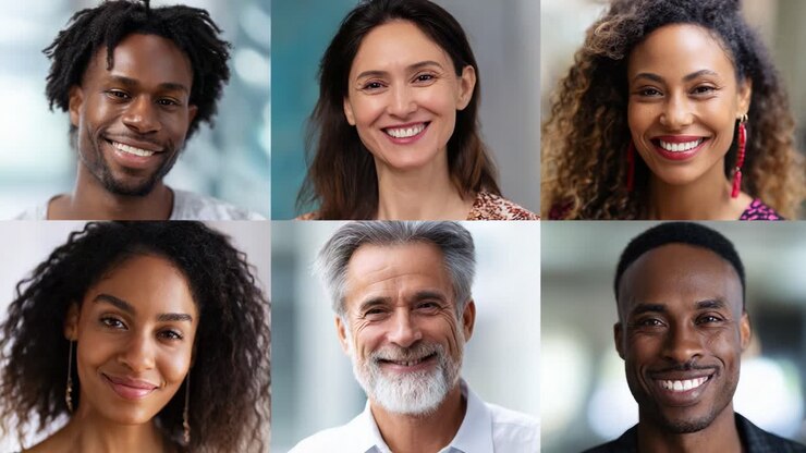 Una collezione di volti sorridenti: celebrare la diversità e la connessione attraverso espressioni autentiche di felicità e gioia in un ambiente luminoso
