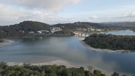 aerial view of currumbin creek from lillson beach with currumbin beach - palm beach in gold coast, qld, australia