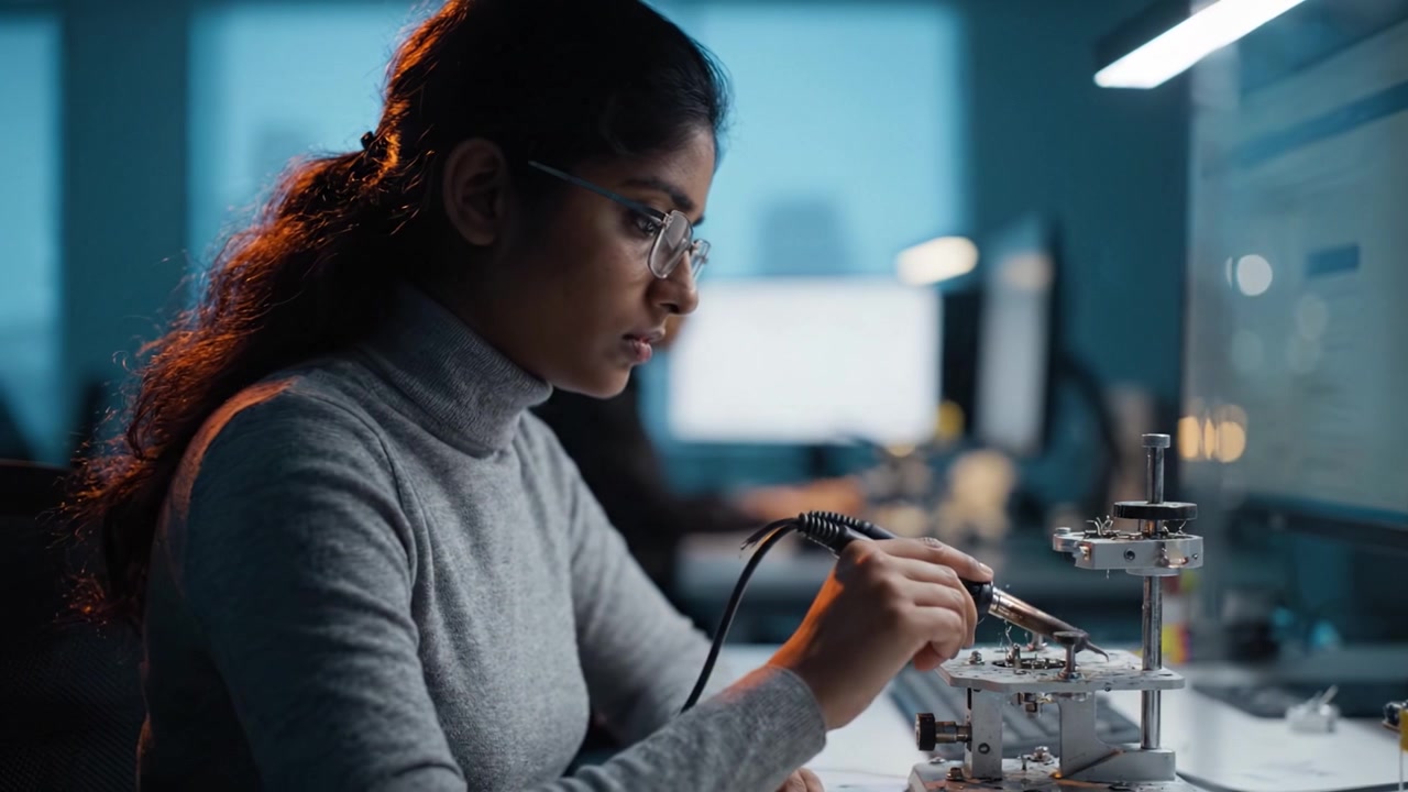 Focused Young Engineer Soldering Circuit Board in Modern Workspace, Combining Innovation and Technical Skill for Advanced Electronics Development