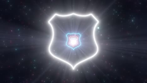 defense shield police badge shape outline glowing neon light tunnel - 4k seamless vj loop motion background animation