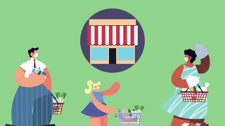 домохозяйки, носящие медицинские маски, покупающие продукты для covid-19 с соблюдением социальной дистанции