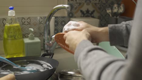 dish washing a plate using a sponge