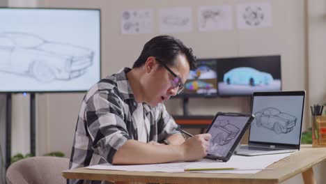 side view of asian male yawning while drawing new car design concept on a tablet in the studio with tv and computers display 3d electric car model