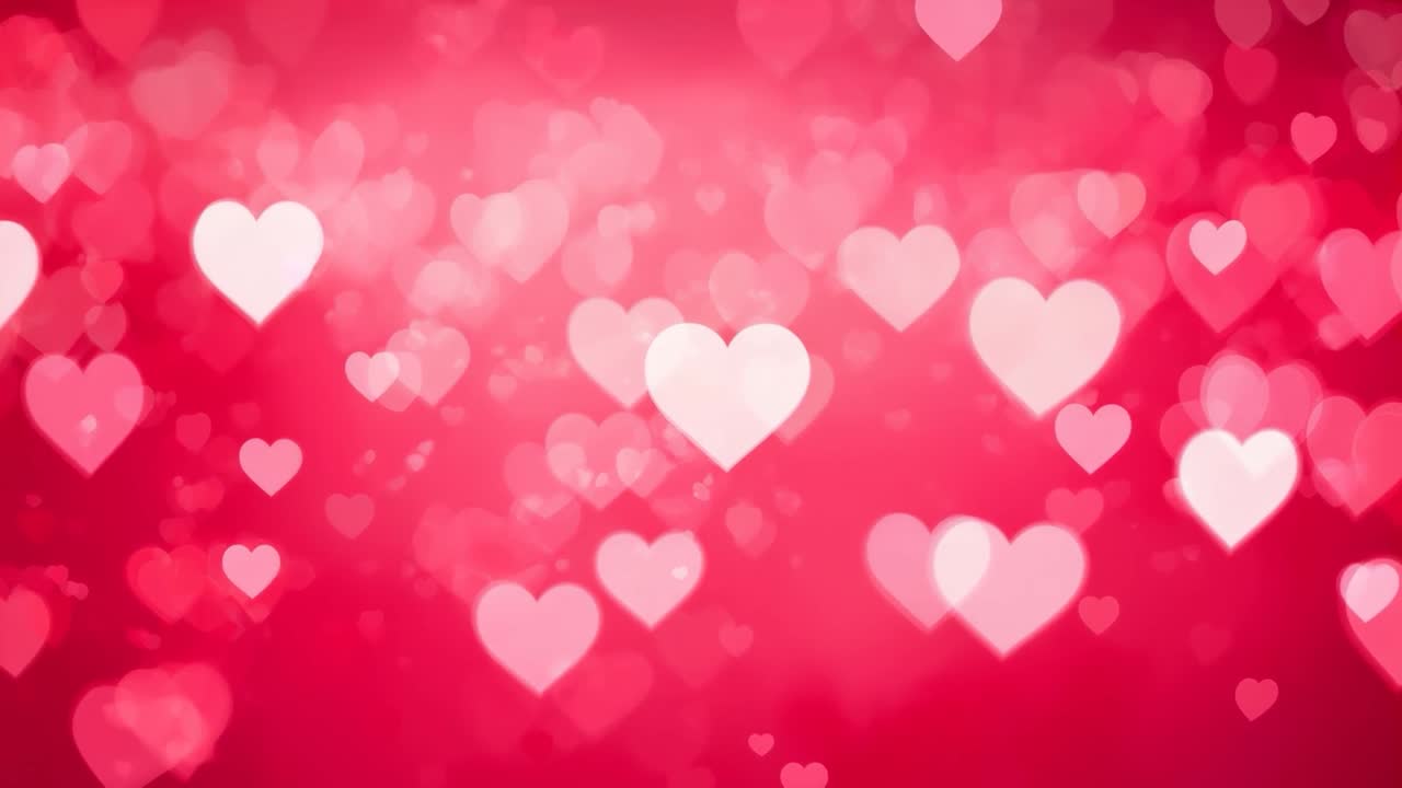 Cluster di cuori pallidi in loop che fluttuano e pulsano su un gradiente dal rosso al rosa con macchie bokeh