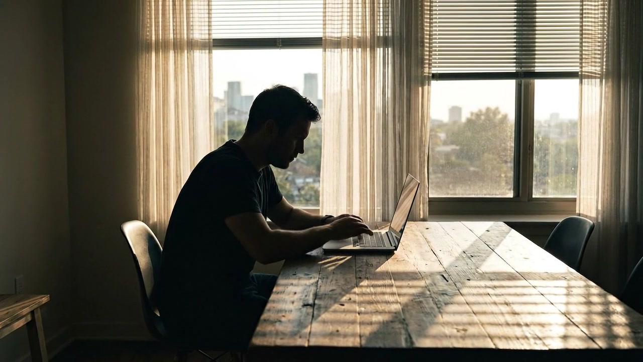 Man Working on Laptop in Sunlit Room