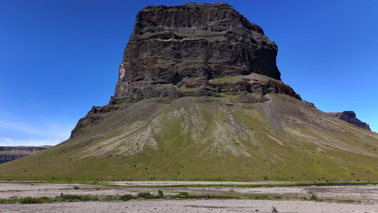 Vista aerea del monte Lómagnúpur vicino al ghiacciaio Vatnajökull, nell'Islanda meridionale, che mostra scogliere spettacolari, fiumi intrecciati e vaste pianure vulcaniche sotto un cielo azzurro.