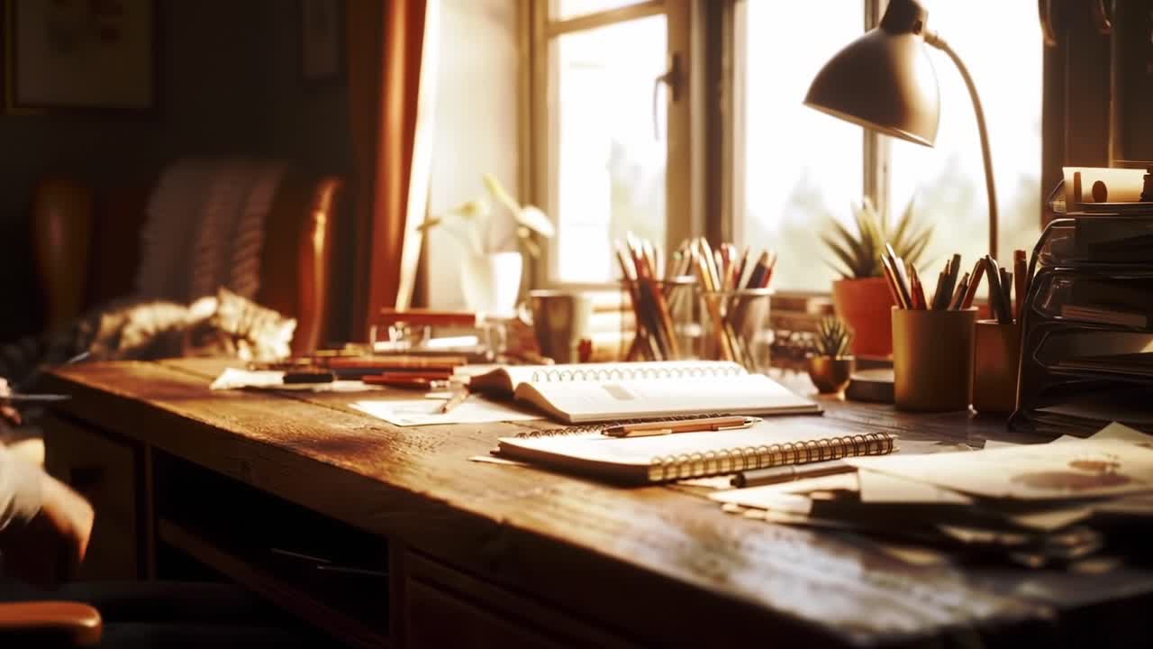 A Cozy Workspace with Natural Light: An Inviting Desk Surrounded by Stationery, Plants, and a Creative Atmosphere for Productivity and Inspiration