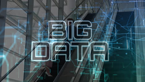 big data text animation over people using escalator in modern building
