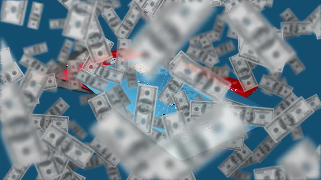 신용 카드 에 떨어지는 미국 달러 지폐 의 애니메이션