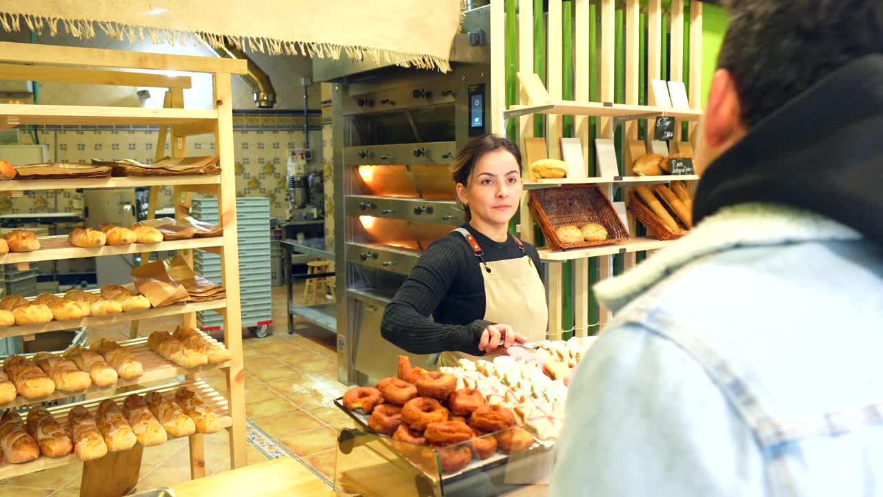 Bakery Scene with Baker, Customer, Bread and Donuts