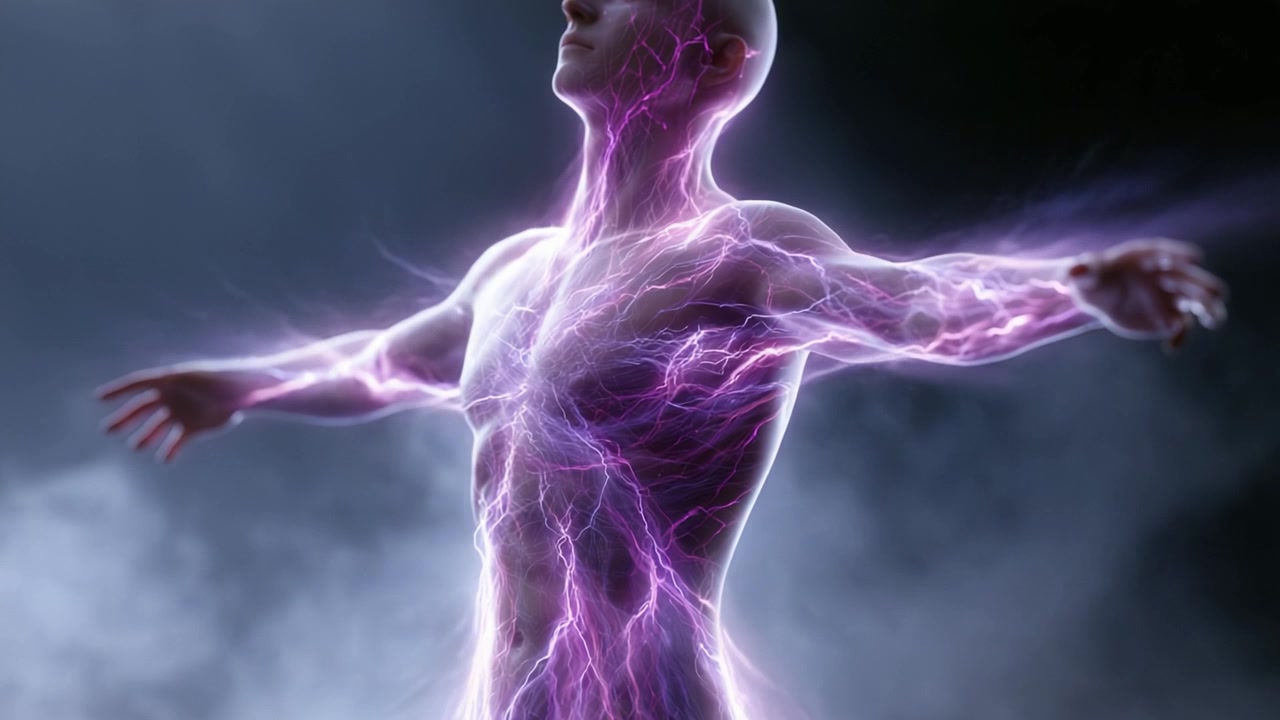 A Radiating Being of Energy: A Depiction of Human Form Surrounded by Striking Electric Pulses, Symbolizing Transformation and Power