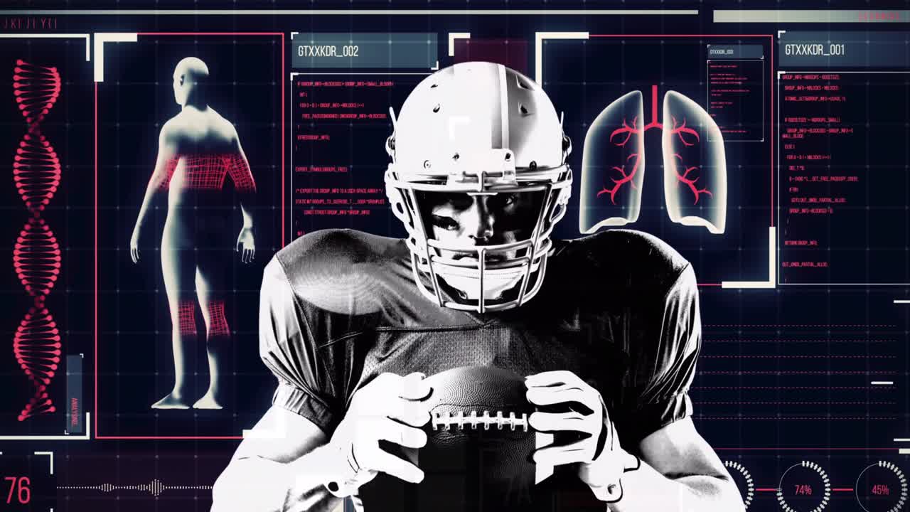 디지털 인간의 폐와 몸 위에 공을 들고 있는 백인 럭비 선수의 애니메이션