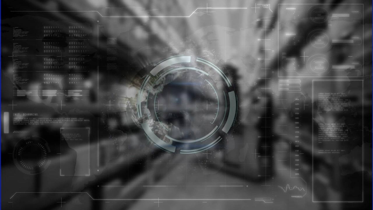 Digital Globe Rotating with Scanning Interface over Blurred Factory Background