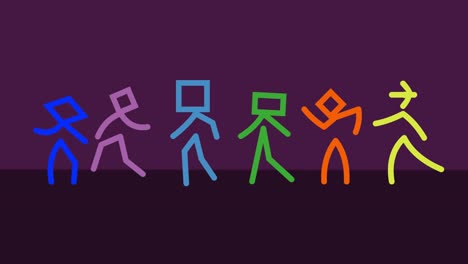 vibrant stick figures dancing in different styles at a disco