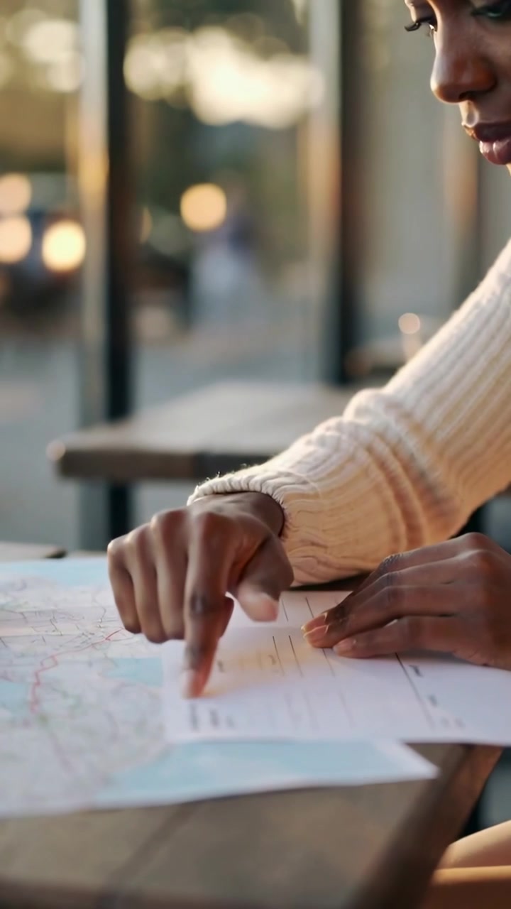 Vertical video: Pointing woman checking map, form at cafe window, papers spread, copy space
