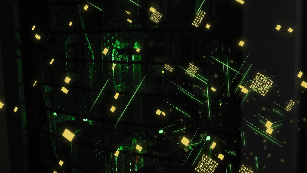 회로판의 애니메이션과 컴퓨터 서버를 통한 데이터 처리