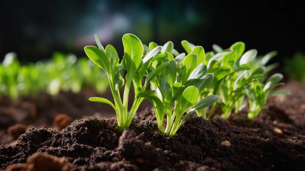 Primer plano de brotes sanos en tierra oscura, mostrando hojas verdes vibrantes sobre un fondo tenue, resaltando el crecimiento y la belleza de la naturaleza en un entorno de jardín.