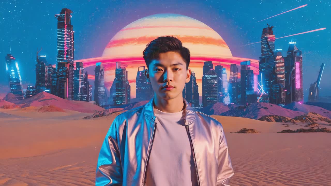A man in a futuristic cityscape on a desert planet