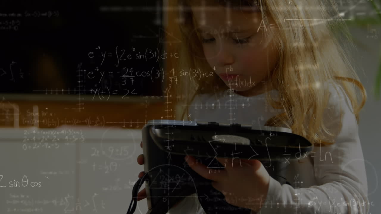 vr 헤드 ⁇ 을 착용한 유아에 대한 수학적 그림과 방정식의 애니메이션