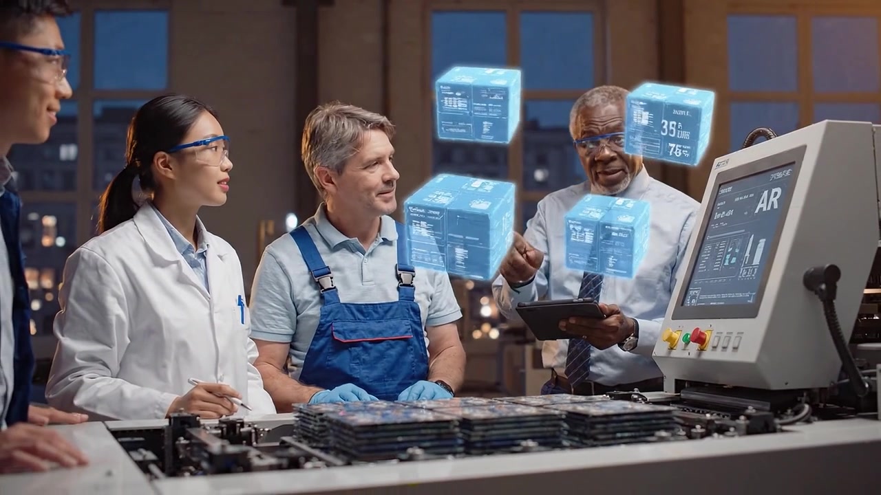 Diverse Team of Engineers and Technicians Using Augmented Reality in a Factory