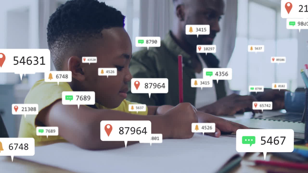ubicación y iconos de notificación animación sobre niño y adulto estudiando juntos
