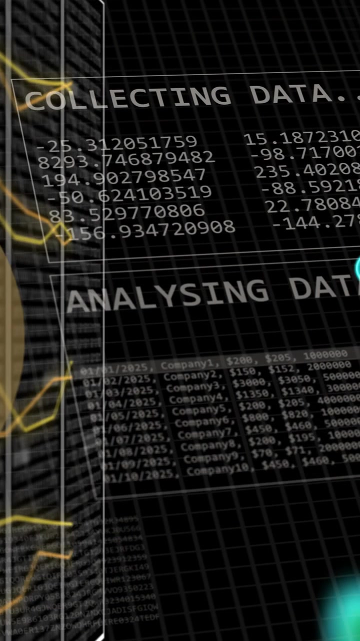 Animation of data processing and clouds over dark background