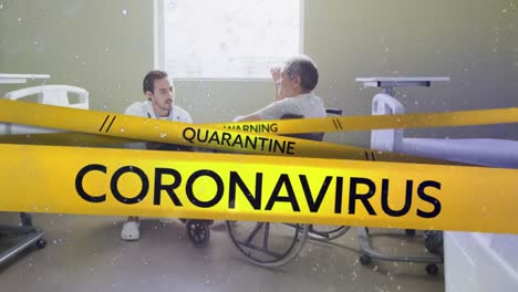 Yellow-police-tapes-with-Warning,-Coronavirus-and-Quarantine-text-against-doctor-talking-to-patient